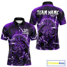 Load image into Gallery viewer, Purple Grim Reaper Lightning 3D Darts Shirt For Men Custom Darts Jersey Team Polo &amp;  1/4 Zip TDM4952