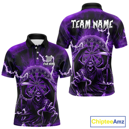 Purple Grim Reaper Lightning 3D Darts Shirt For Men Custom Darts Jersey Team Polo &  1/4 Zip TDM4952