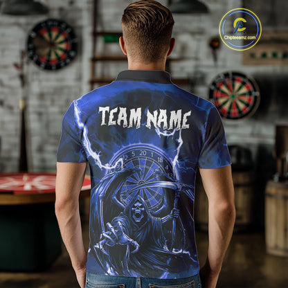 Blue Grim Reaper Lightning 3D Darts Shirt For Men Custom Darts Jersey Team Polo &  1/4 Zip TDM4954