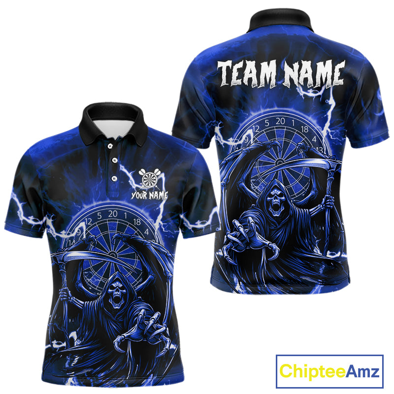 Blue Grim Reaper Lightning 3D Darts Shirt For Men Custom Darts Jersey Team Polo &  1/4 Zip TDM4954