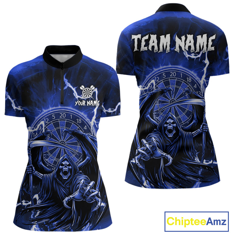 Blue Grim Reaper Lightning 3D Darts Shirt For Women Custom Darts Jersey Team Polo &  1/4 Zip TDM4954