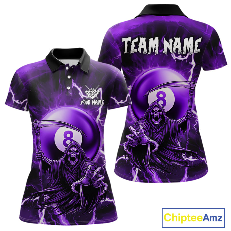 Purple Grim Reaper 8 Ball Billiard Shirt For Women Custom Lightning Pool Team Jersey Polo & 1/4 Zip TDM4955