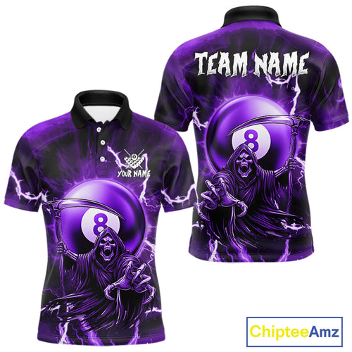 Purple Grim Reaper 8 Ball Billiard Shirt For Men Custom Lightning Pool Team Jersey Polo & 1/4 Zip TDM4955