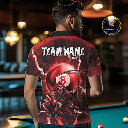 Red Grim Reaper 8 Ball Billiard Shirt For Men Custom Lightning Pool Team Jersey Polo & 1/4 Zip TDM4956