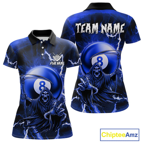 Blue Grim Reaper 8 Ball Billiard Shirt For Women Custom Lightning Pool Team Jersey Polo & 1/4 Zip TDM4957