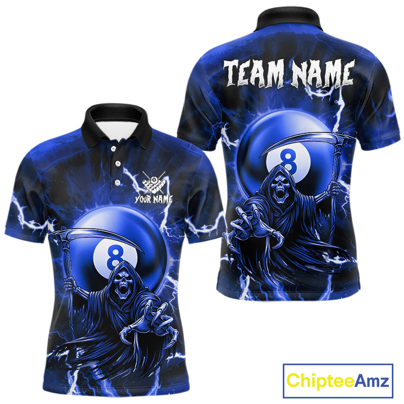 Blue Grim Reaper 8 Ball Billiard Shirt For Men Custom Lightning Pool Team Jersey Polo & 1/4 Zip TDM4957