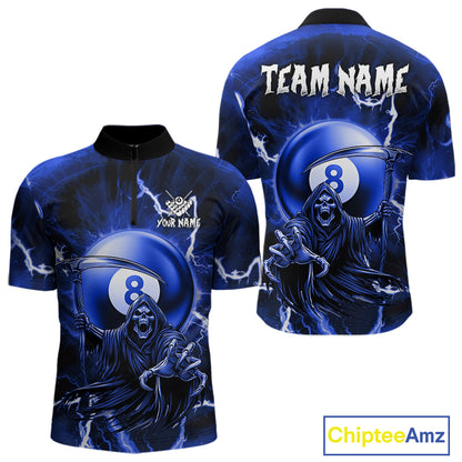Blue Grim Reaper 8 Ball Billiard Shirt For Men Custom Lightning Pool Team Jersey Polo & 1/4 Zip TDM4957