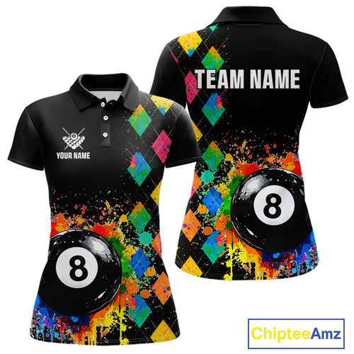 Funny 8 Ball Pool Paint Colorful Argyle Custom Billiard Shirt For Women, Best Pool Team Jersey TDM4961