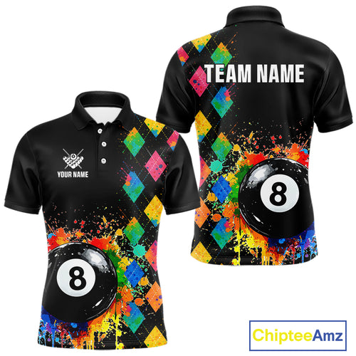 Funny 8 Ball Pool Paint Colorful Argyle Custom Billiard Shirt For Men, Best Pool Team Jersey TDM4961
