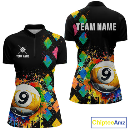 Funny 9 Ball Pool Paint Colorful Argyle Custom Billiard Shirt For Women, Best Pool Team Jersey TDM4962
