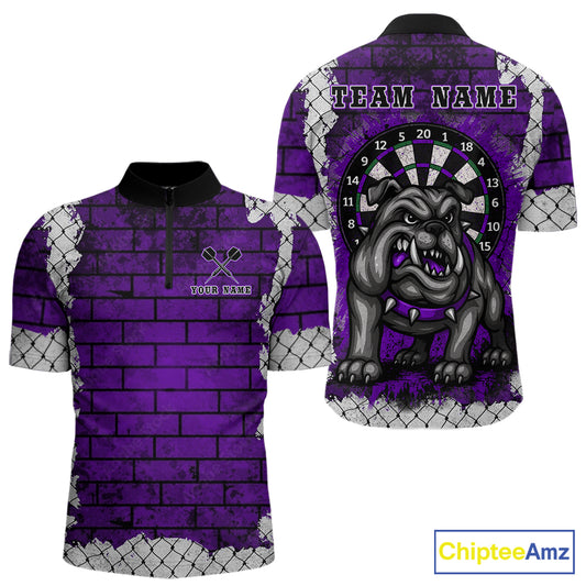 Purple Brick-Wall Fierce Bulldog Men Darts Quarter- Zip Team Shirt Personalized Name For Players NYN2115