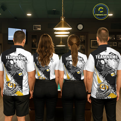9 Ball Skeleton Custom Billiard Polo & 1/4 Zip Shirts For Women, Funny 9 Ball Pool Billiard Jerseys TDM5675