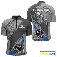 Load image into Gallery viewer, 8 Ball Skeleton Custom Billiard Polo &amp; 1/4 Zip For Men, Funny 8 Ball Pool Billiard Jersey|Blue TDM5677