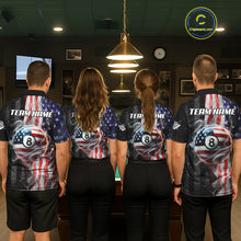 Load image into Gallery viewer, Personalized American Flag Smoke Billiard Jersey For Men, Patriotic 8 Ball Pool Billiard Shirt TDM5679