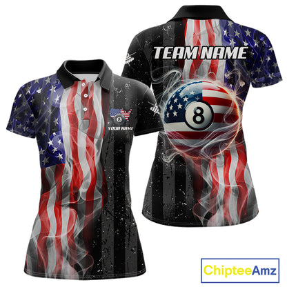 Personalized American Flag Smoke Billiard Jersey For Women, Patriotic 8 Ball Pool Billiard Shirt TDM5679