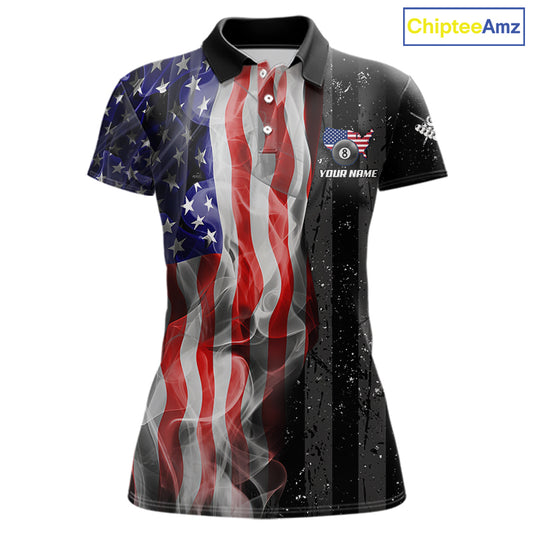 Personalized American Flag Smoke Billiard Jersey For Women, Patriotic 8 Ball Pool Billiard Shirt TDM5679