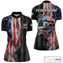 Load image into Gallery viewer, Personalized American Flag Smoke Billiard Jersey For Women, Patriotic 8 Ball Pool Billiard Shirt TDM5679