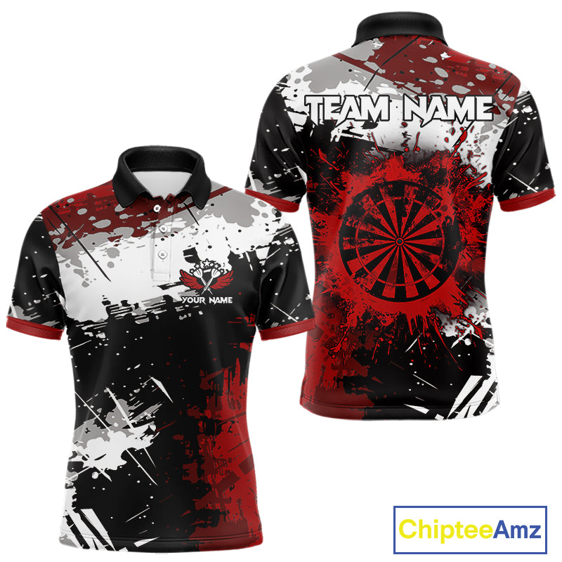 Red Grunge Paint Splash Dart Polo & Quarter Zip Custom Dart Shirts For Men Darts Team Jerseys  TDM3858