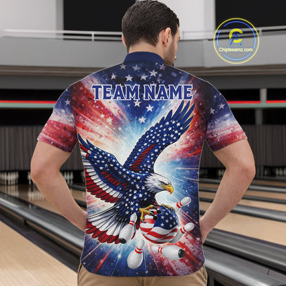 American Flag Eagle Bowling Polo & 1/4 Zip Shirts For Men Custom Patriotic Bowling Team Jersey TDM6284