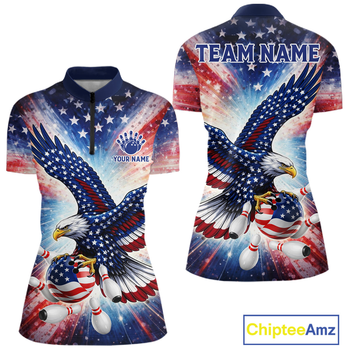 American Flag Eagle Bowling Polo & 1/4 Zip Shirts For Women Custom Patriotic Bowling Team Jersey TDM6284