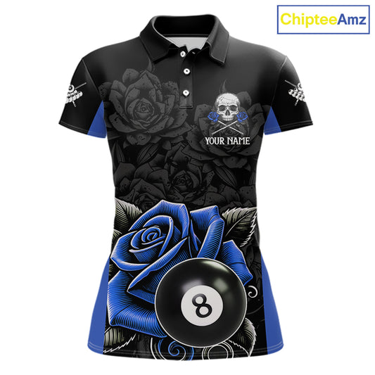 Black And Blue 8 Ball Pool And Roses Custom Skull Billiard Shirts For Women, Billiard Team Jersey TDM6286