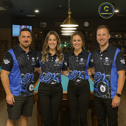 Black And Blue 8 Ball Pool And Roses Custom Skull Billiard Shirts For Men, Billiard Team Jersey TDM6286