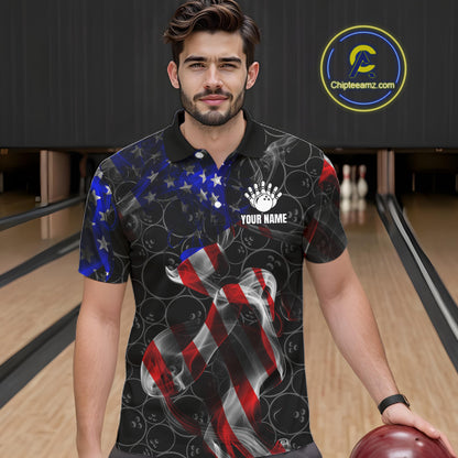 Custom American Flag Smoke Bowling Shirt For Men, Patriotic Team Bowling Jersey Polo & 1/4 Zip TDM6290