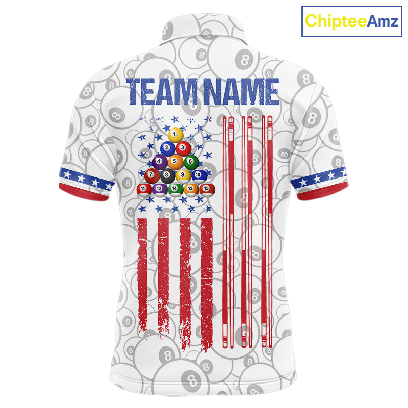 White American flag 8 ball billiard polo shirt for men with patriotic pool team graphics.