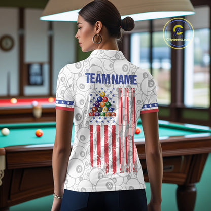 Back view of woman wearing a white patriotic 8 ball pool shirt in a billiards hall.