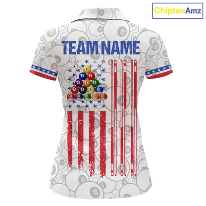 White American flag 8 ball billiard polo shirt for women with patriotic pool team graphics.
