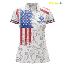 Load image into Gallery viewer, White American flag 8 ball billiard polo shirt for women with patriotic pool team graphics.