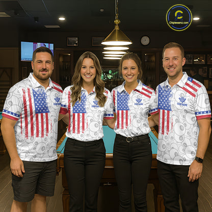 Pool team wearing matching white American flag 8 ball billiard jerseys during league matches front view.