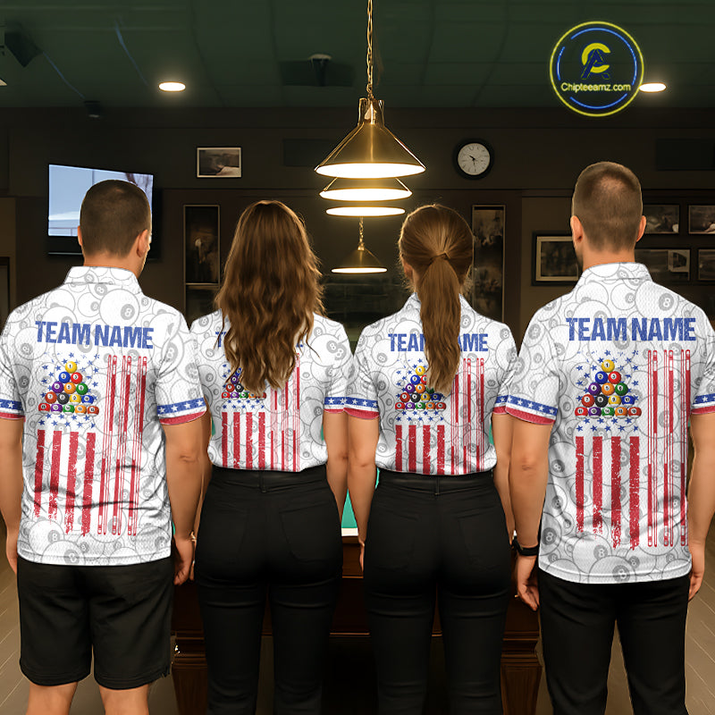 Back view of pool players wearing matching white 8 ball billiard shirts in a game room.