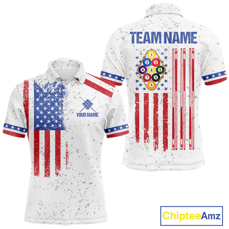 White American flag 9 ball billiard polo shirt for men with patriotic pool team graphics.