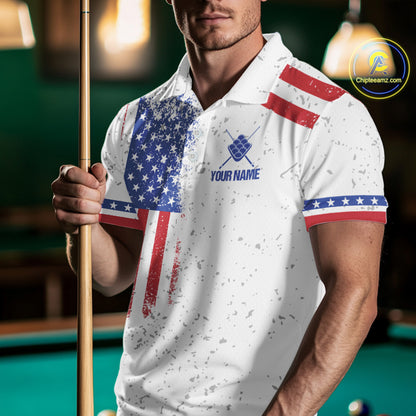 Man wearing a white American flag 9 ball billiard jersey beside a pool table front view.