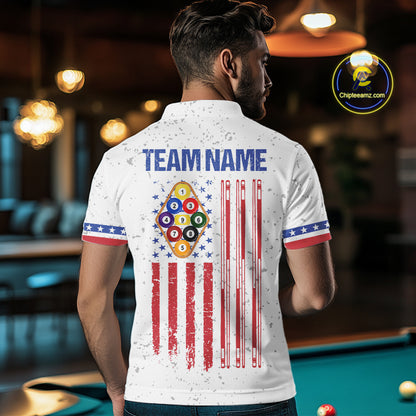 Back view of man wearing a white patriotic 9 ball pool shirt in a billiards hall.