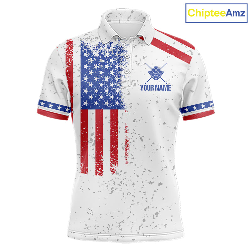White American flag 9 ball billiard polo shirt for men with patriotic pool team graphics.