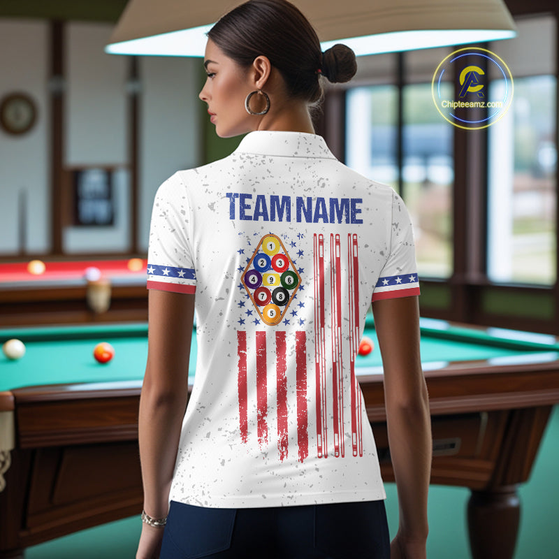 Back view of woman wearing a white patriotic 9 ball pool shirt in a billiards hall.
