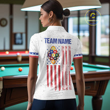 Load image into Gallery viewer, Back view of woman wearing a white patriotic 9 ball pool shirt in a billiards hall.