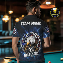 Load image into Gallery viewer, Man wearing a blue lightning American flag eagle 8 ball billiard jersey beside a pool table front view.