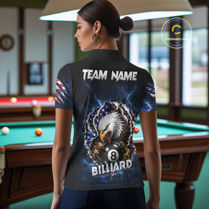Woman wearing a blue lightning American flag eagle 8 ball billiard jersey beside a pool table front view.