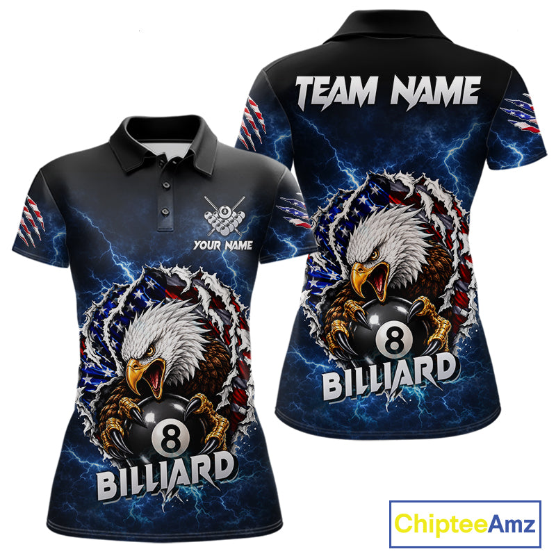 Blue lightning American flag eagle 8 ball billiard polo shirt for women with patriotic pool team graphics.