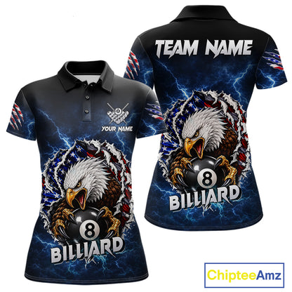 Blue lightning American flag eagle 8 ball billiard polo shirt for women with patriotic pool team graphics.