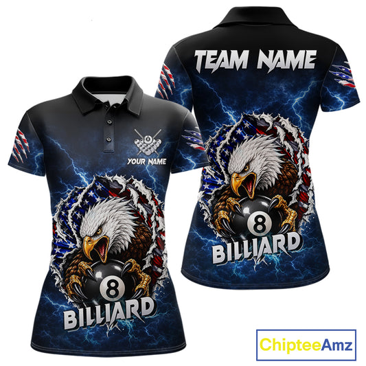 Blue lightning American flag eagle 8 ball billiard polo shirt for women with patriotic pool team graphics.