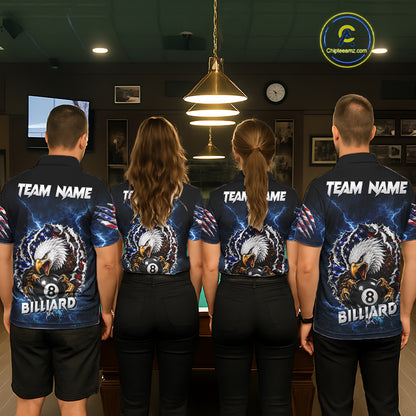Pool team wearing matching blue lightning eagle 8 ball billiard jerseys during league matches front view.