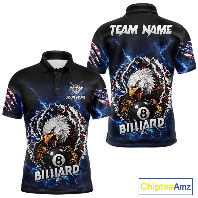 Blue lightning American flag eagle 8 ball billiard polo shirt for men with patriotic pool team graphics.