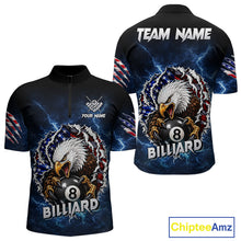 Load image into Gallery viewer, Blue lightning American flag eagle 8 ball billiard polo shirt for men with patriotic pool team graphics.