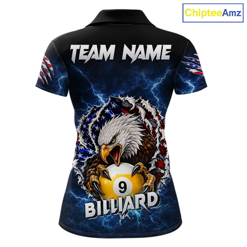 Blue lightning eagle American flag 8 ball and 9 ball billiard polo shirt for women with patriotic pool team graphics.