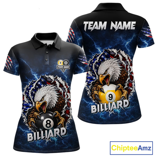 Blue lightning eagle American flag 8 ball and 9 ball billiard polo shirt for women with patriotic pool team graphics.