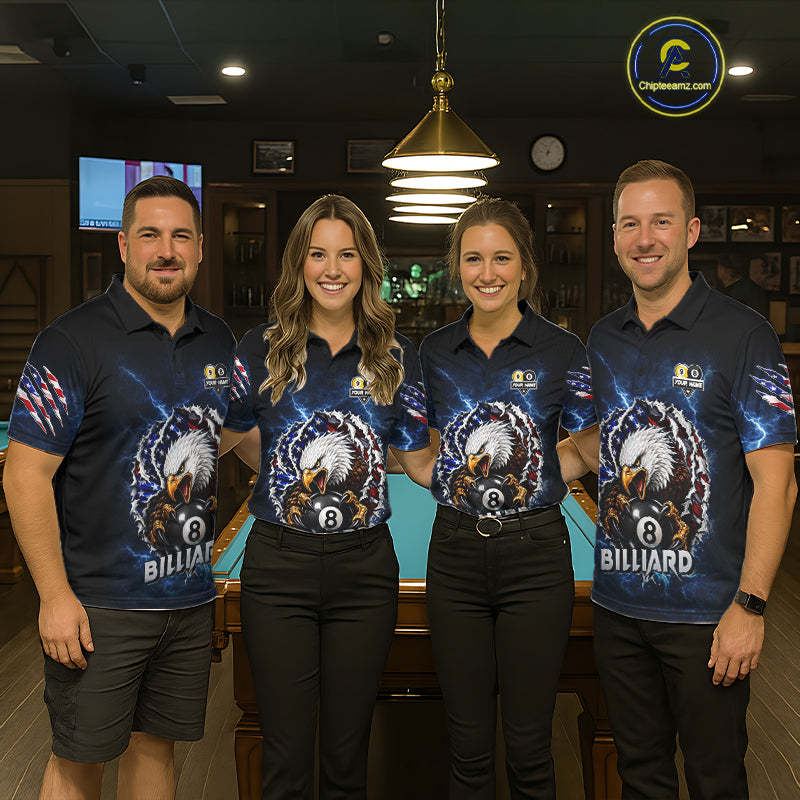 Pool team wearing matching blue lightning eagle 8 ball and 9 ball billiard jerseys during tournament play front view.